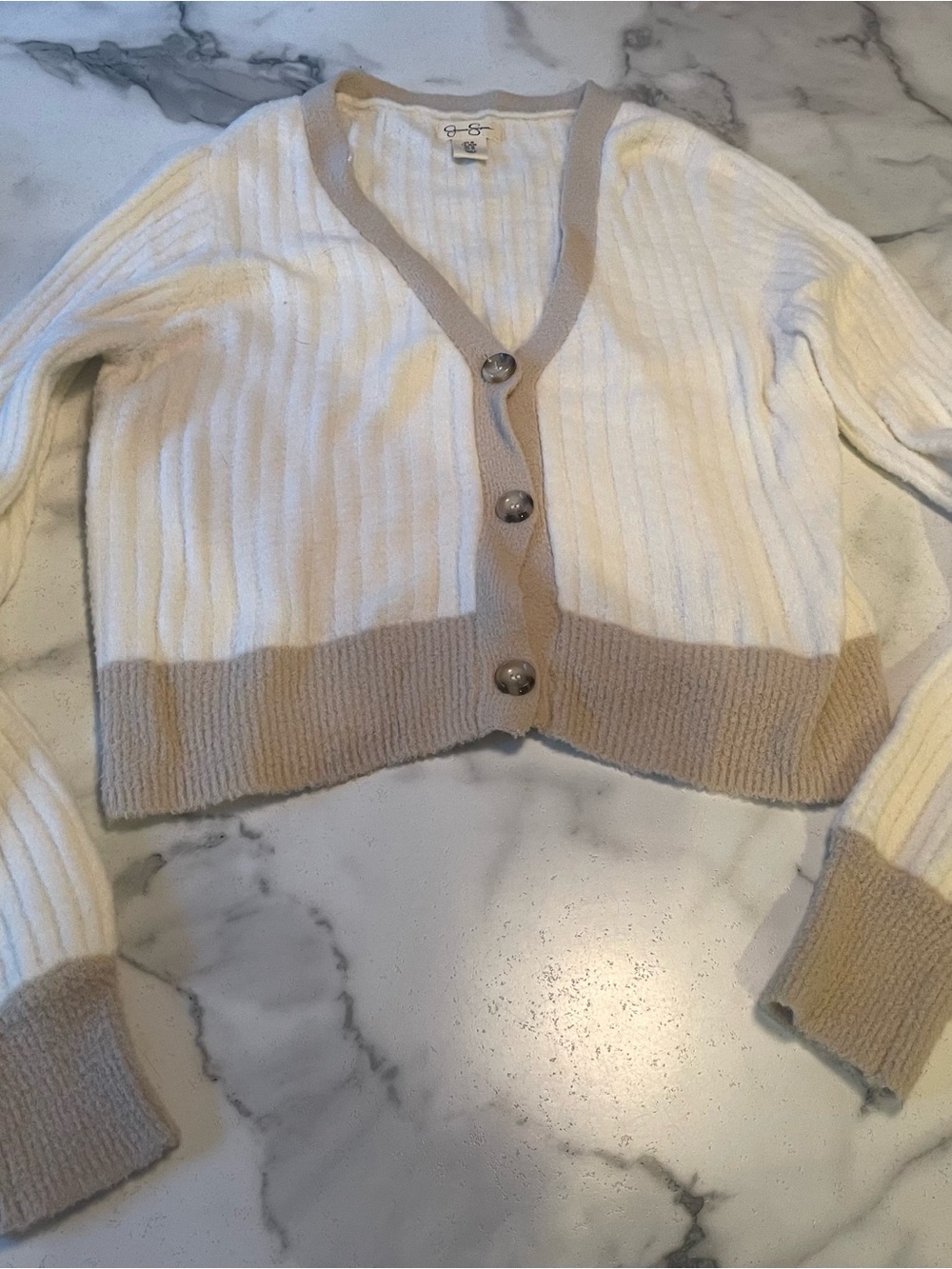 Jessica Simpson Ivory & Beige Cropped Ribbed Button Cardigan
